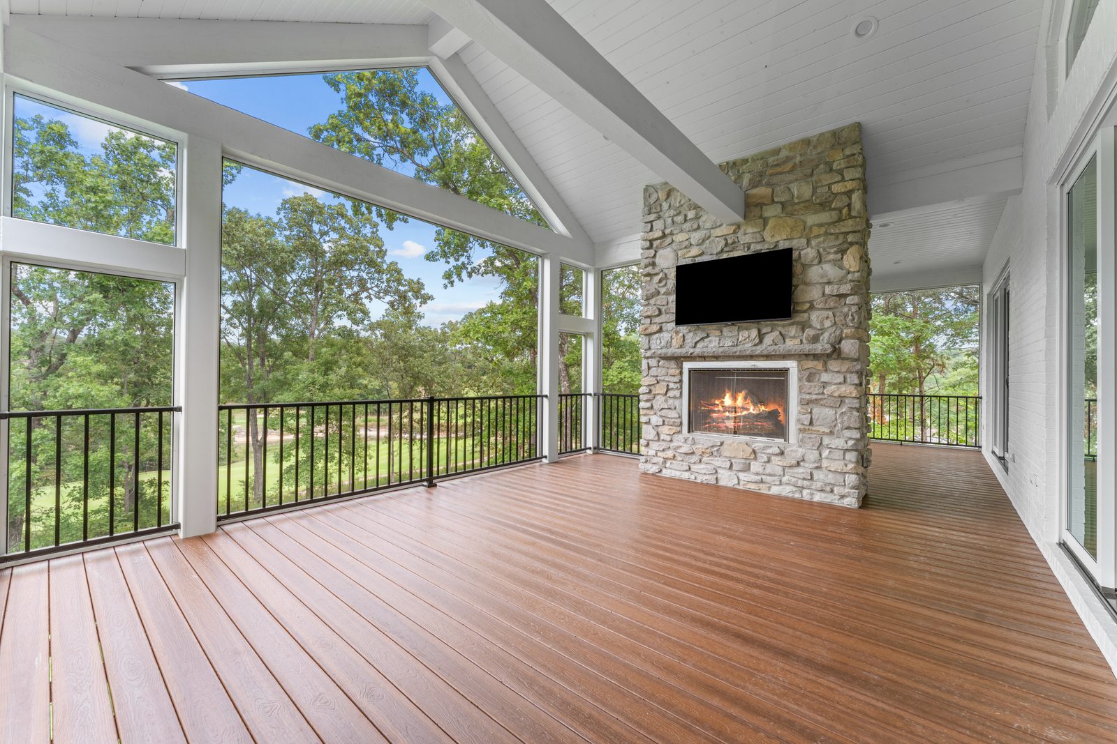 Timber ceiling over the screened porch
